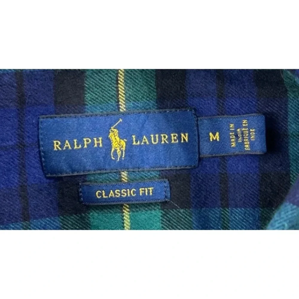 Ralph Lauren Flannel Shirt‎ Mens Medium Blue Green Plaid Classic Fit Button Down